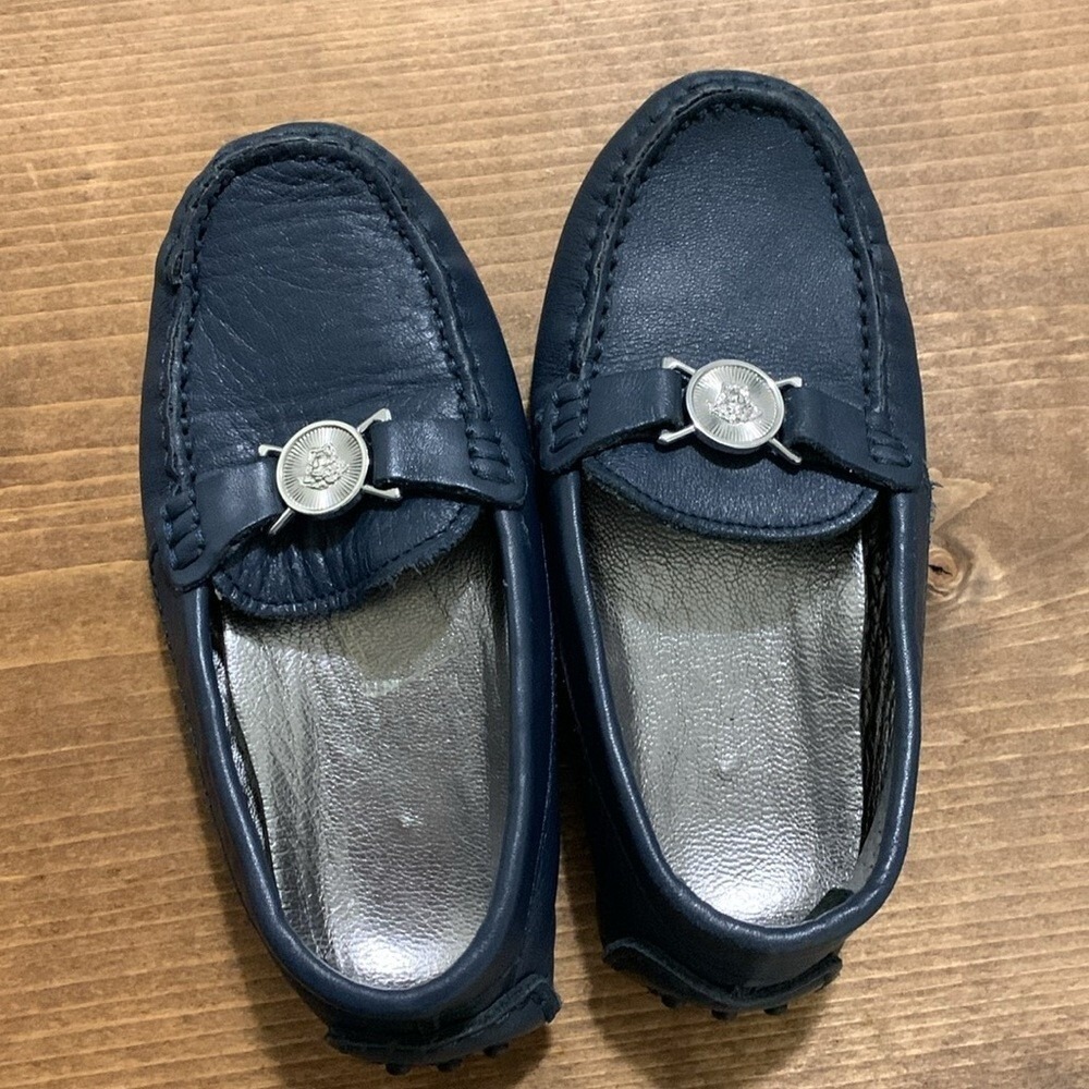 Kids Navy Blue Leather Medusa Head Loafers Driving Shoes Size 26 EU 9-9.5 US